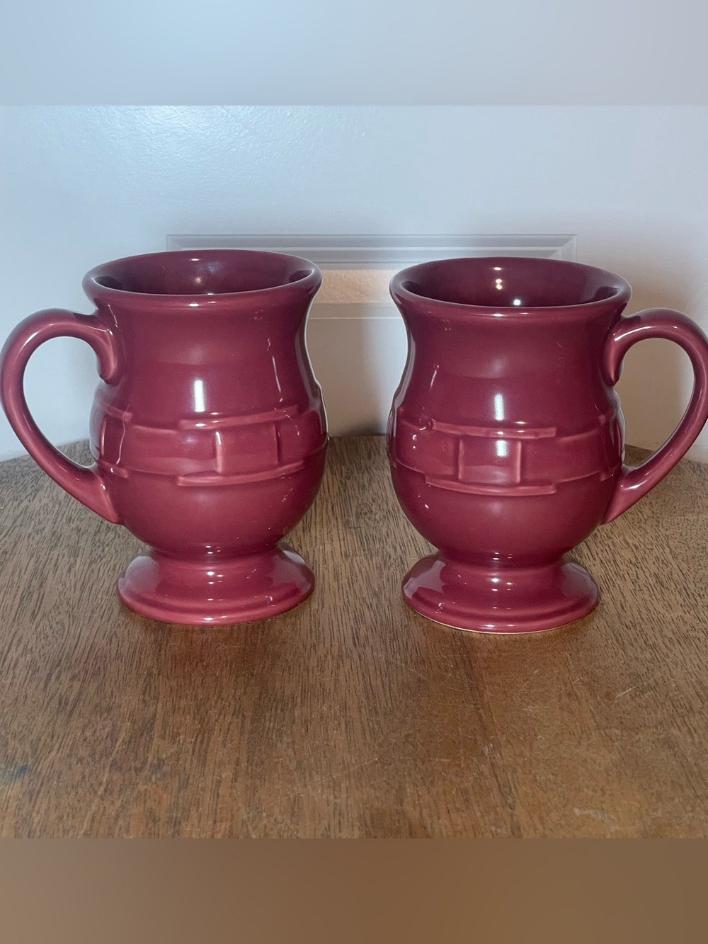 Longaberger Pottery Burgundy Pedestal Mugs Set of 2